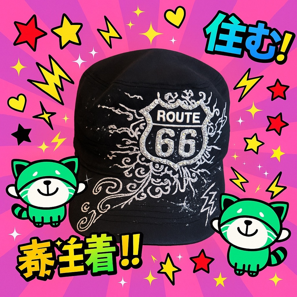 Route 66 Black Cadet Gothic Hat with Rhinestones & Embroidery – Adjustable Fit